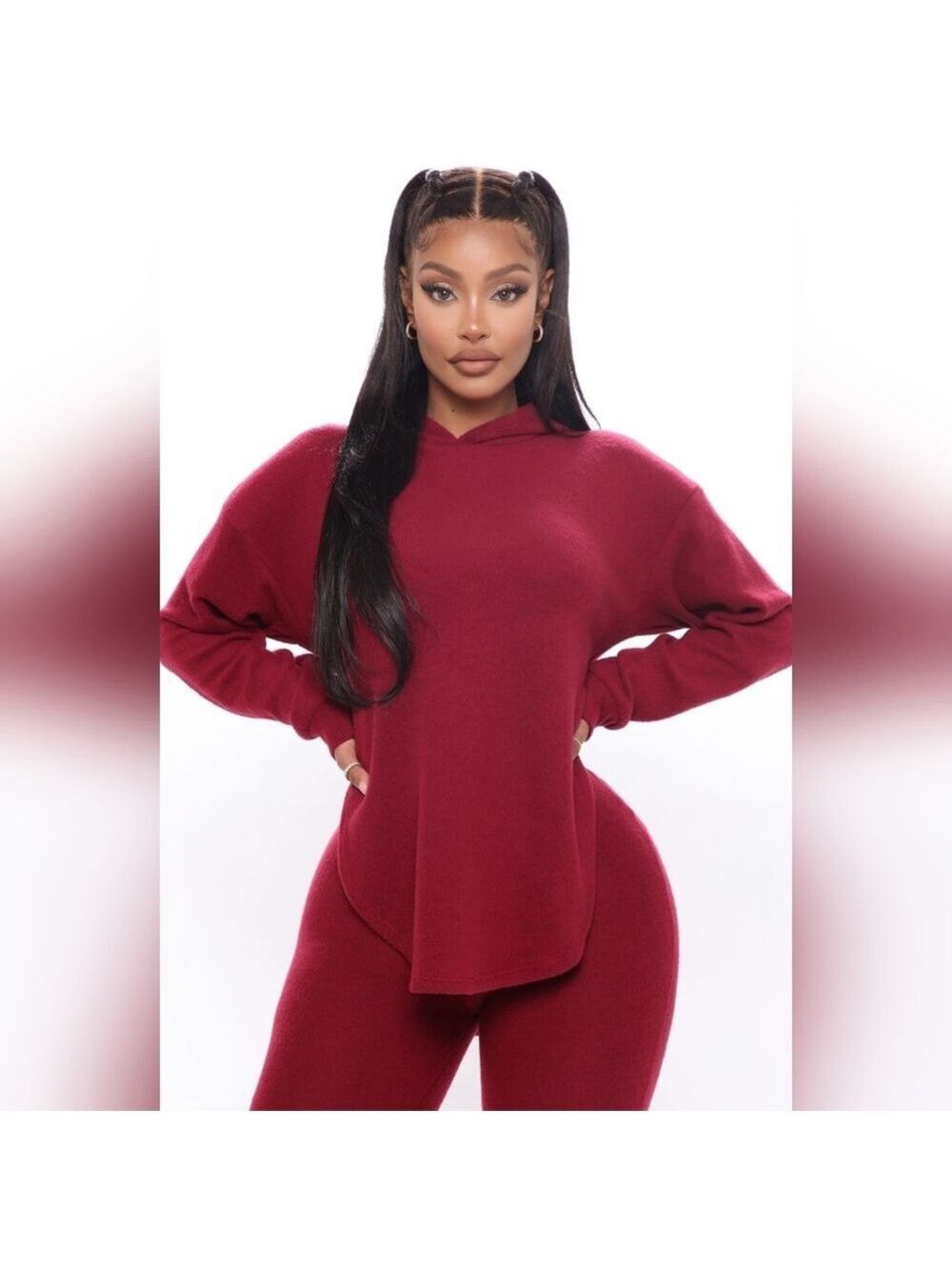NWT Fashion Nova Set leggings & Hooded Blouse burgandy Color, Medium Size - Picture 4 of 7